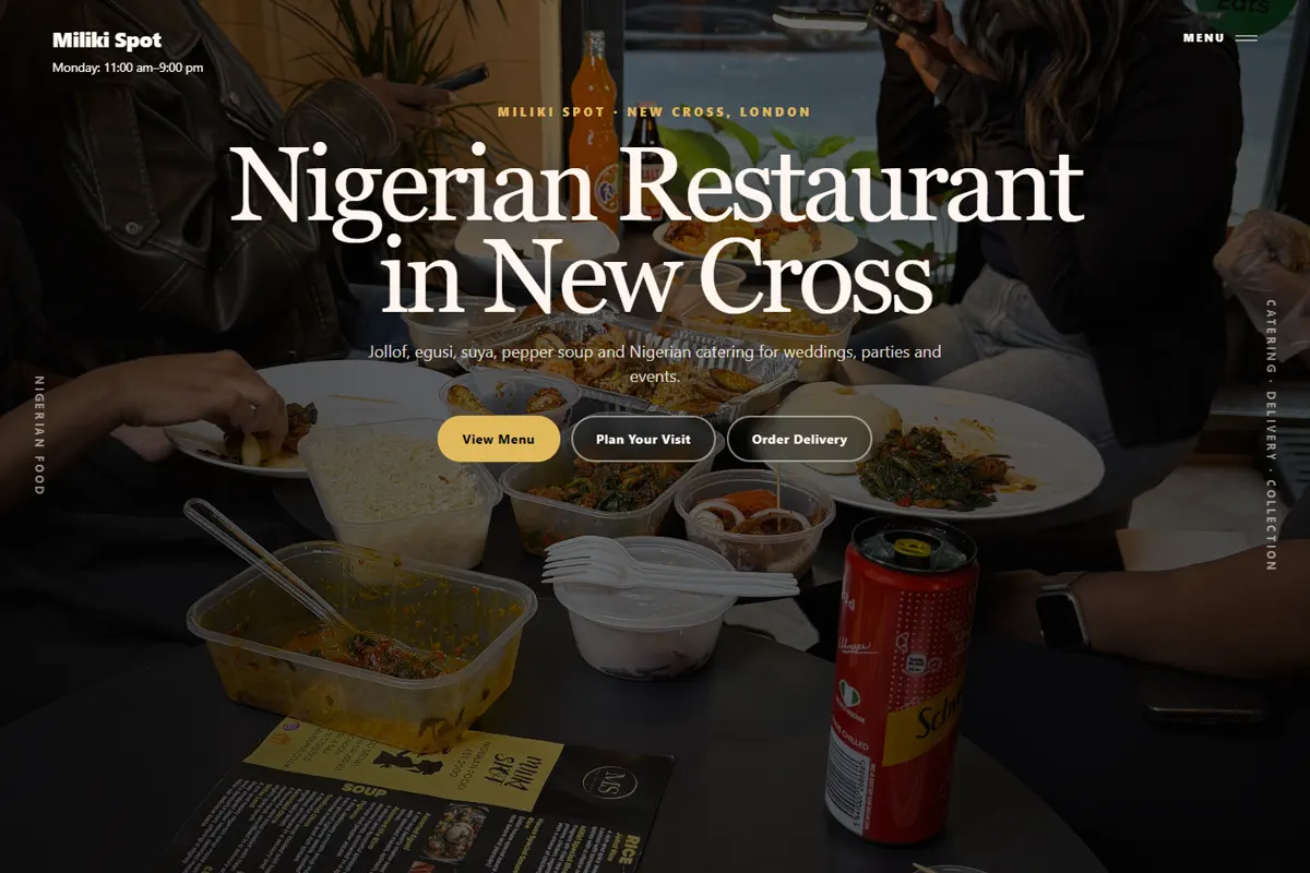 Miliki Spot website homepage showing Nigerian Restaurant in New Cross