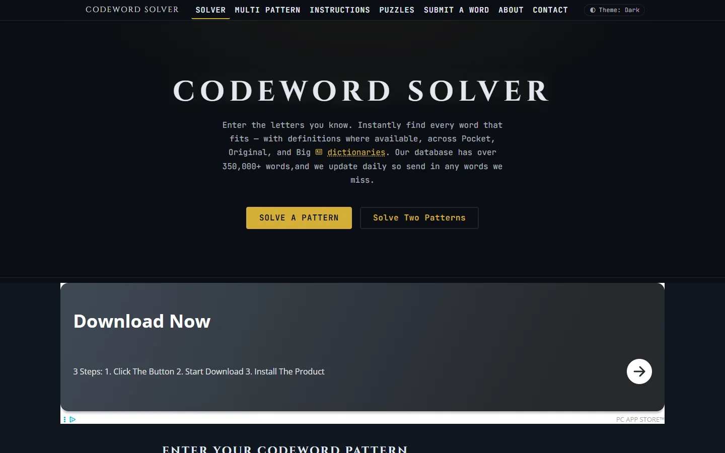CodeWordSolver website homepage showing the interactive codeword-solving tool