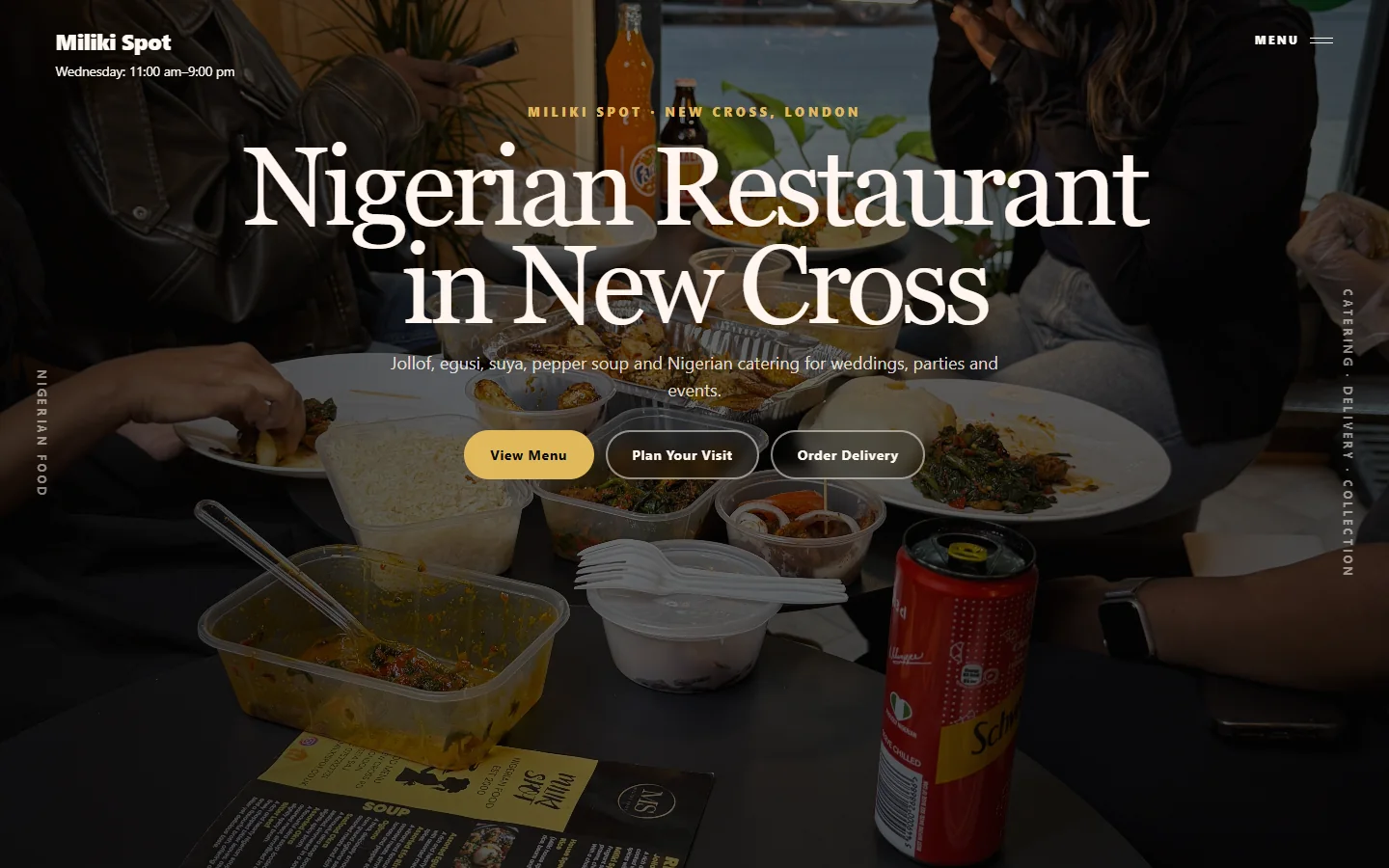 Miliki Spot website homepage showing the Nigerian restaurant in New Cross