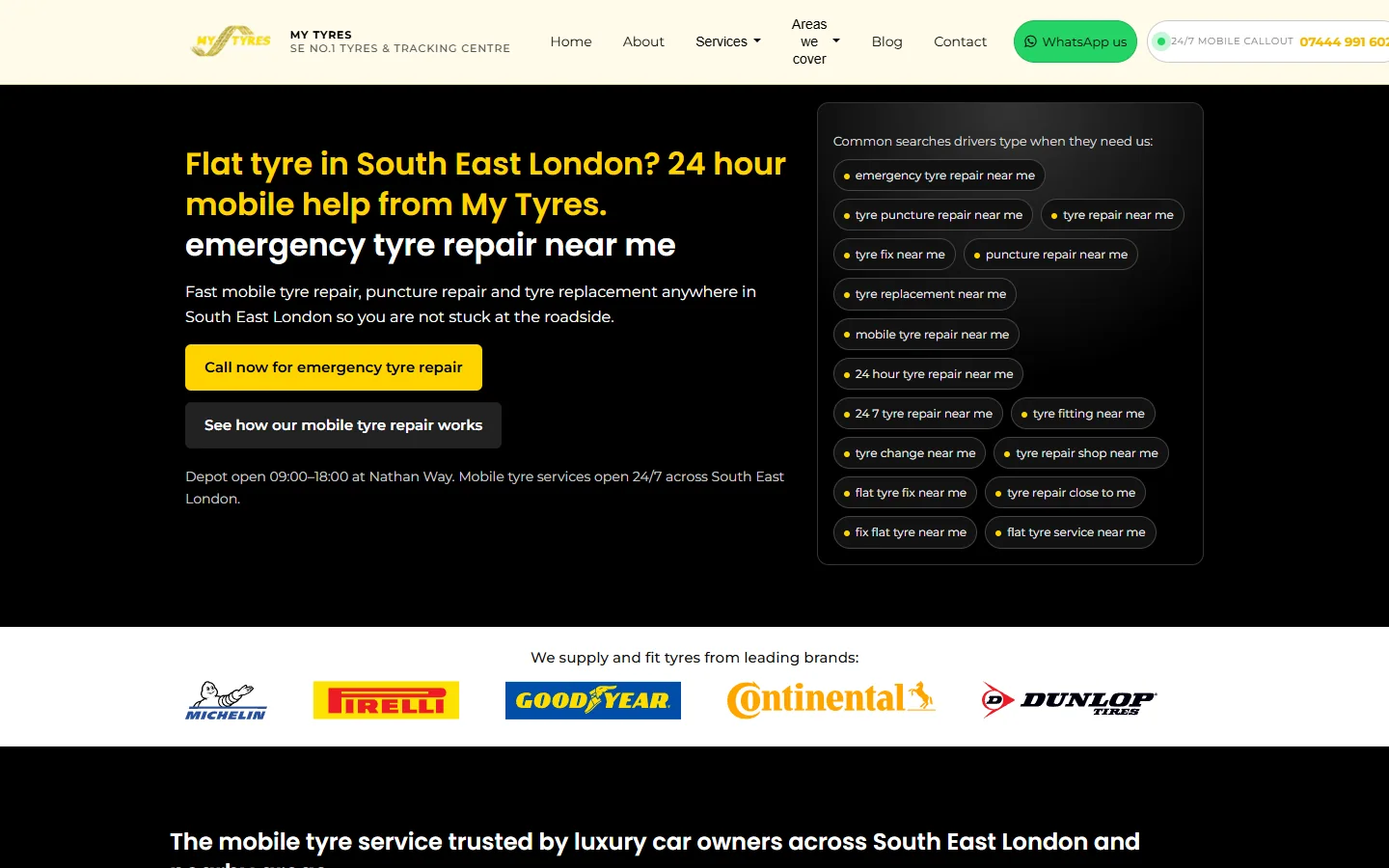 Mobile My Tyres website homepage showing mobile tyre services in South East London